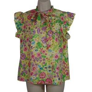 Shein Floral Ruffle Sleeve Blouse Top Women Size 6 Yellow Multicolor Neck Tie